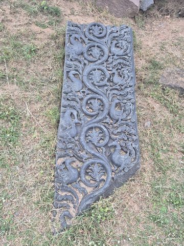 A long carved fragment lies in the grass. A winding stem connects circular leafy forms, with small animal-like forms woven through the pattern.