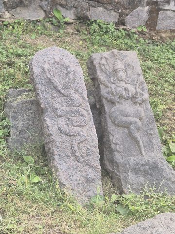 Two narrow slabs lean side by side near vegetation. Each carries a worn figure, but they are recorded here as a multi-object scene.